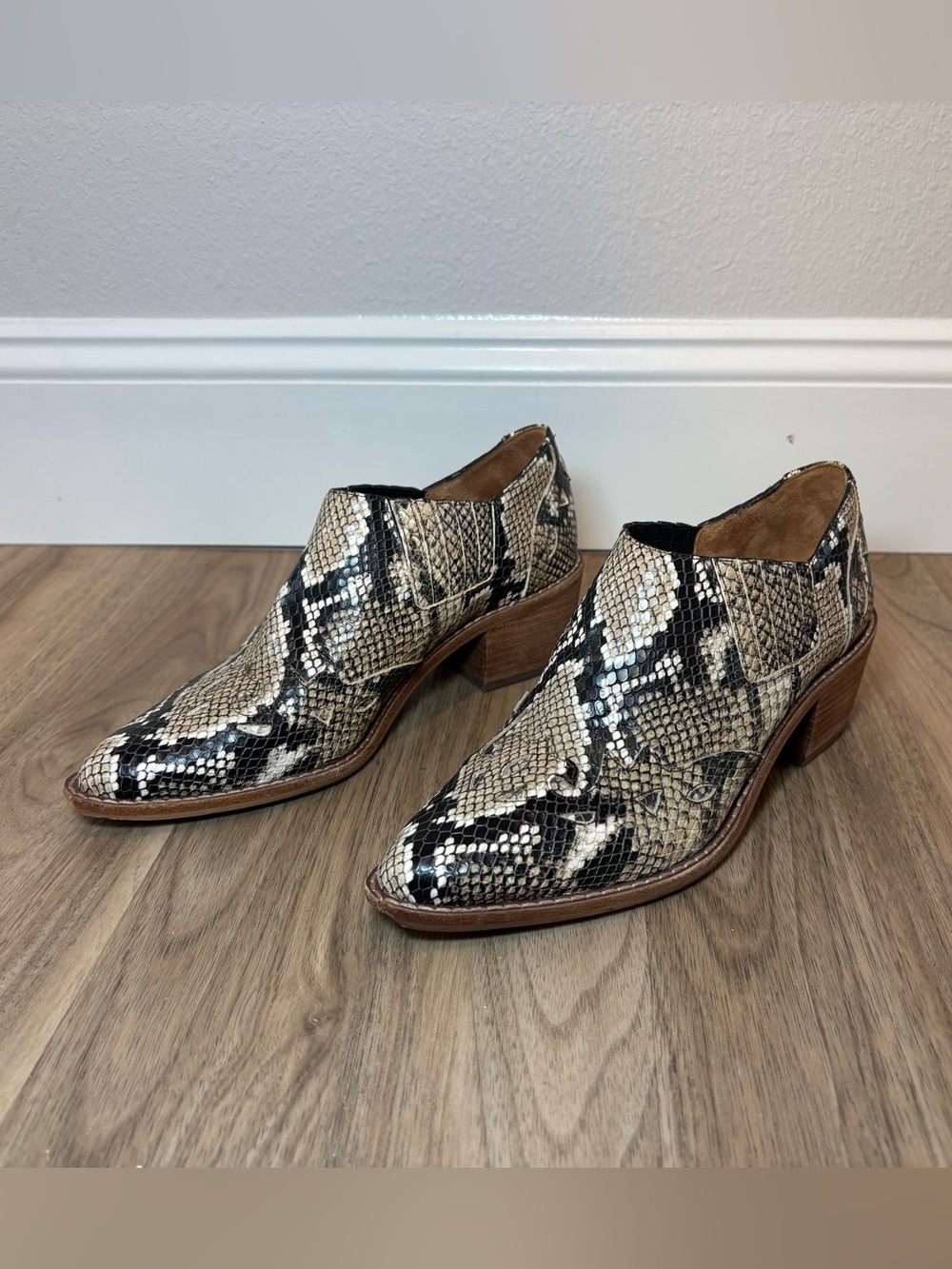 Madewell The Cline Snake-Print Ankle Booties in Beige and Black